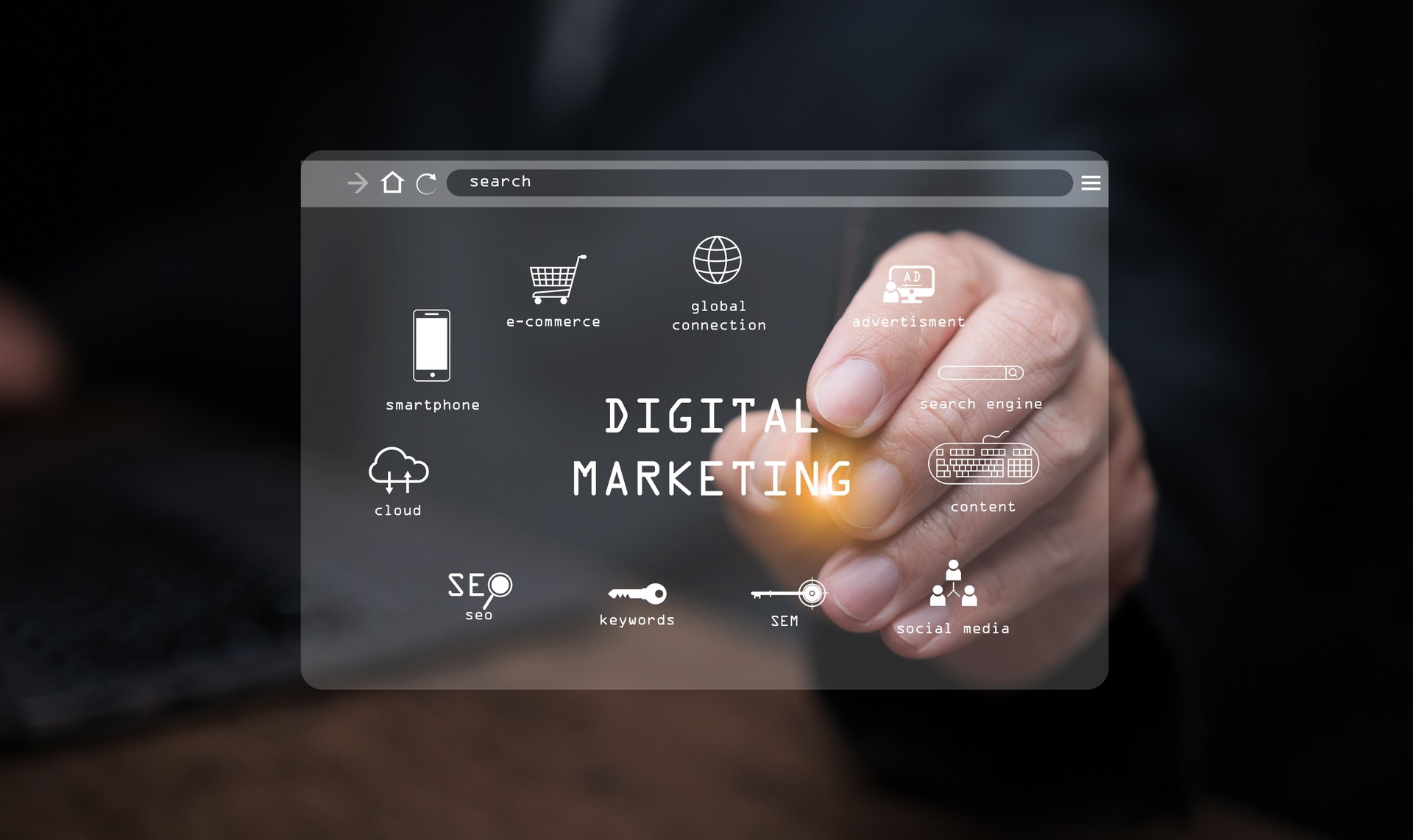 Digital marketing and advertising. A man touch a virtual screen with icons to work on online advertisement and digital ad.